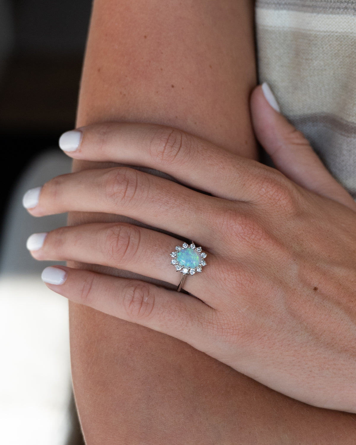.97 Cabochon Opal Cocktail Ring 14K White Gold