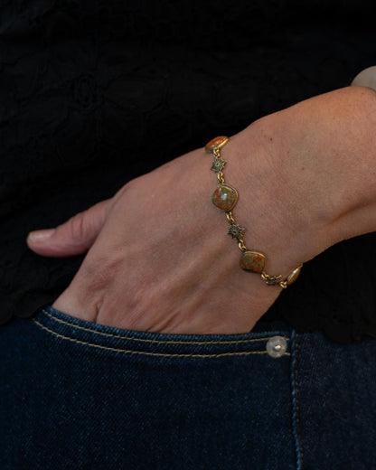 Vintage Mid-Century Unakite Bracelet 14k Yellow Gold