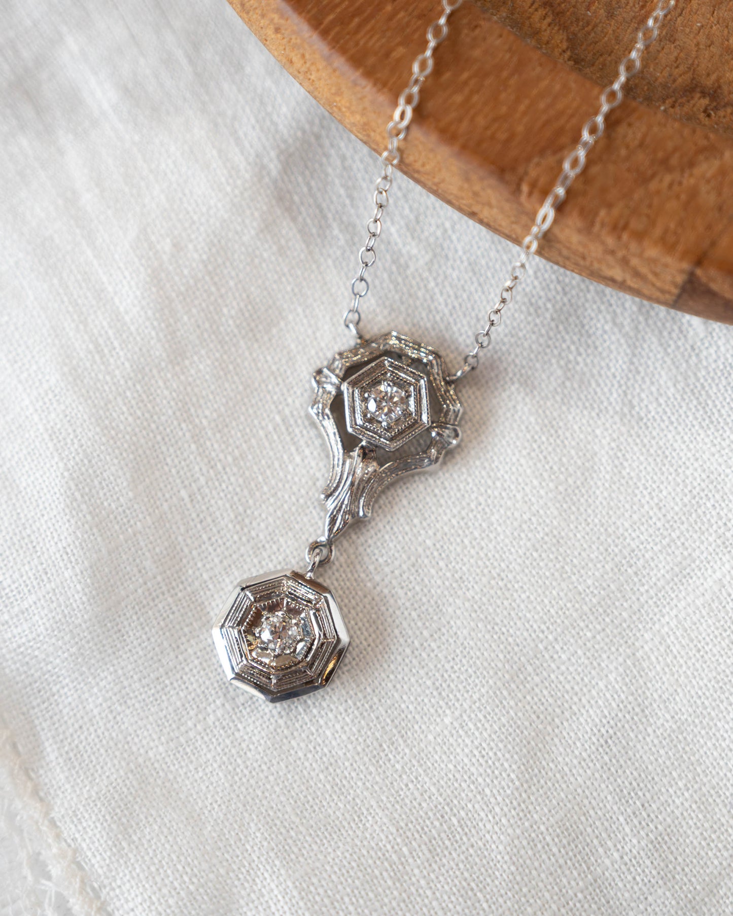 .12 Antique Art Deco Diamond Pendant Necklace 18k & 14k White Gold