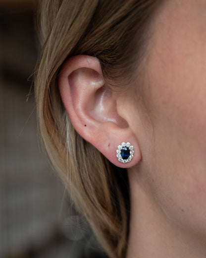 1.34 Oval Sapphire & Diamond Stud Earrings 14k White Gold
