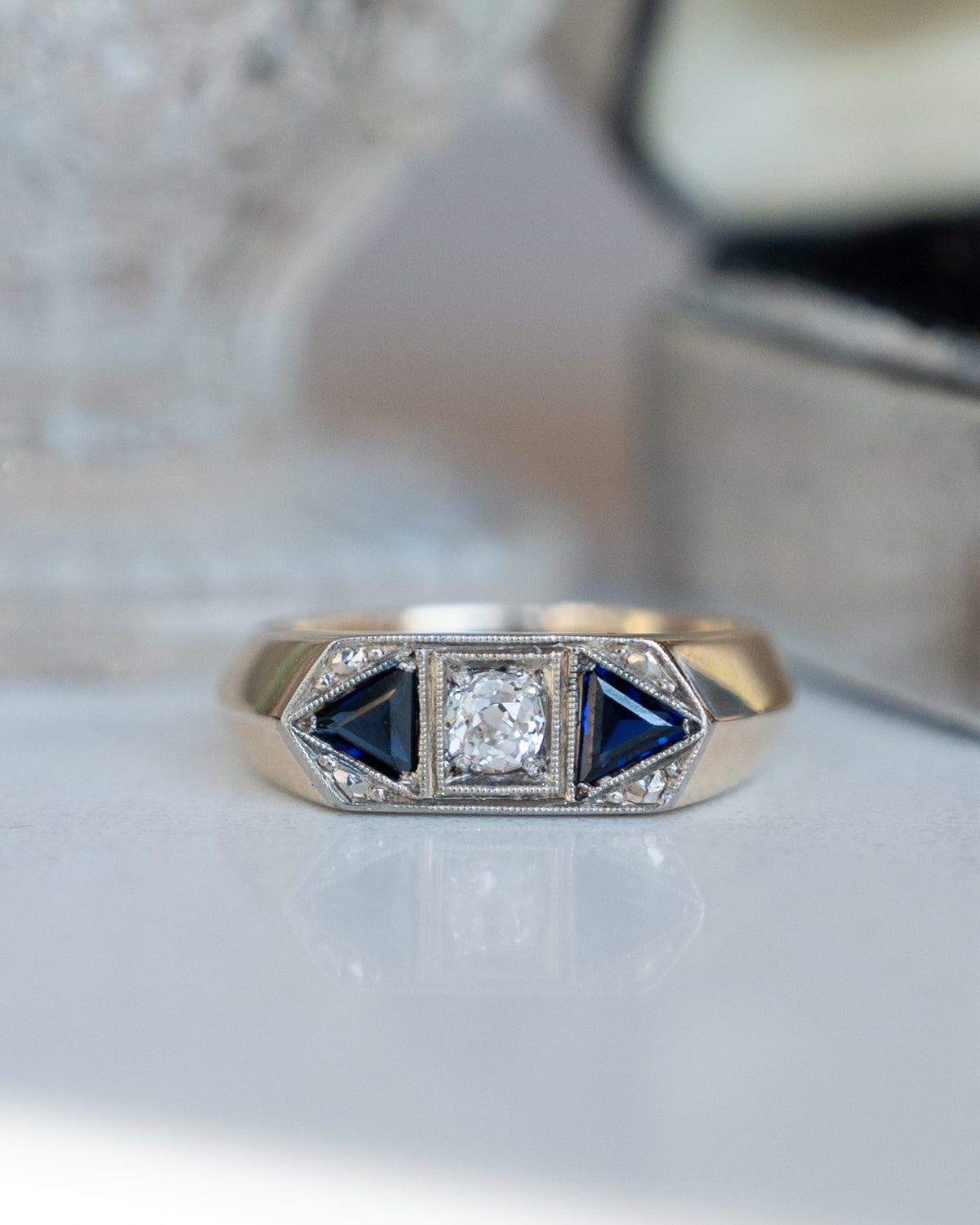 .19 Vintage Retro Men's Diamond & Sapphire Ring 14K