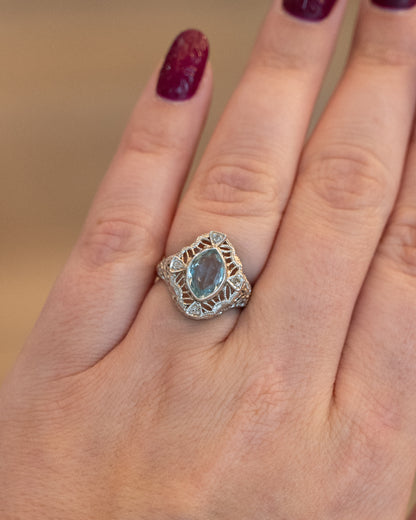 1.01 Antique Art Deco Aquamarine & Diamond Cocktail Ring 14k