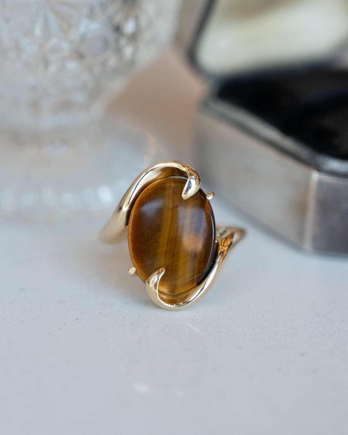 Cabochon Tiger's Eye Cocktail Ring 14k Yellow Gold