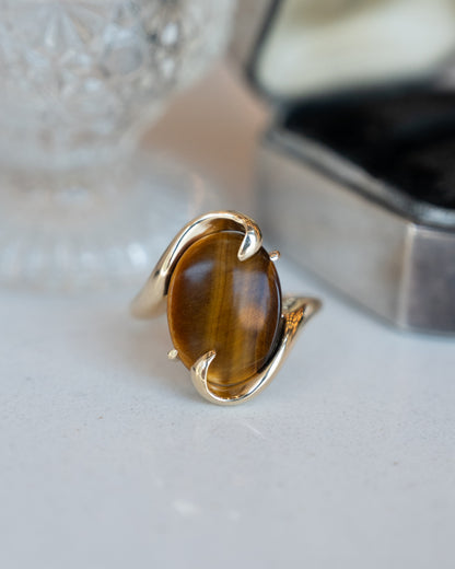 Cabochon Tiger's Eye Cocktail Ring 14k Yellow Gold