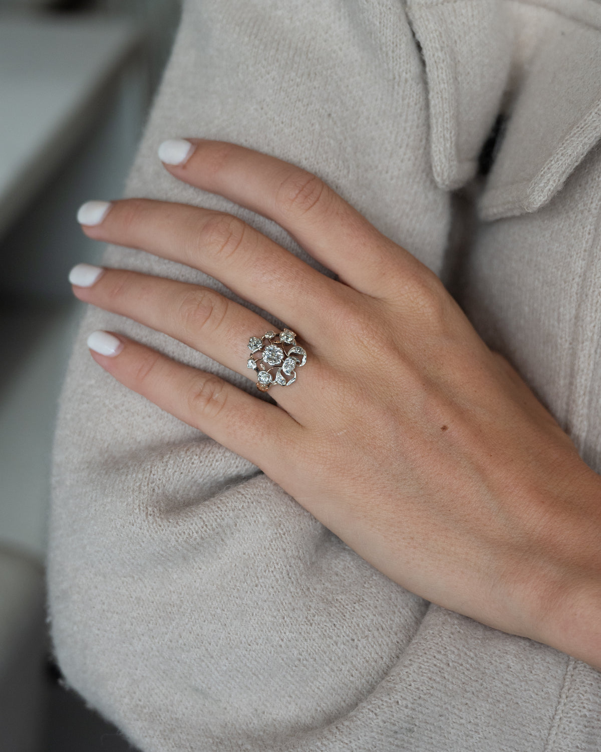 1.10 Antique Georgian Diamond Cocktail Ring 14k & Silver
