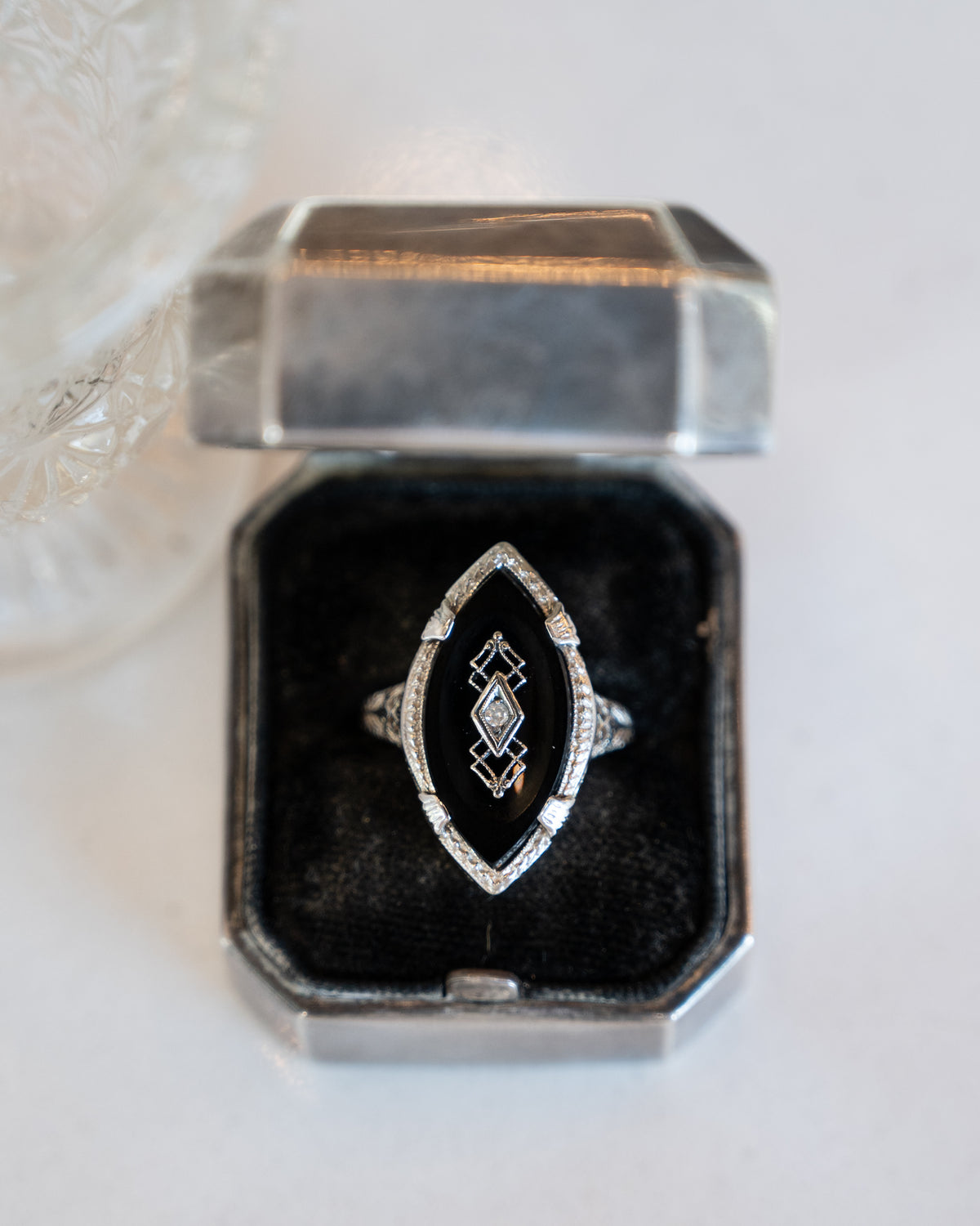 Antique Art Deco Diamond & Onyx Navette Ring 14k