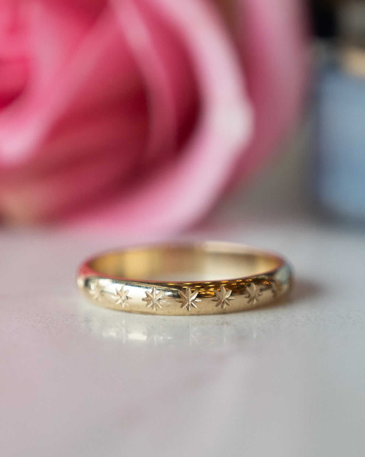 Star Engraved Stacking Wedding Band 14k Yellow Gold
