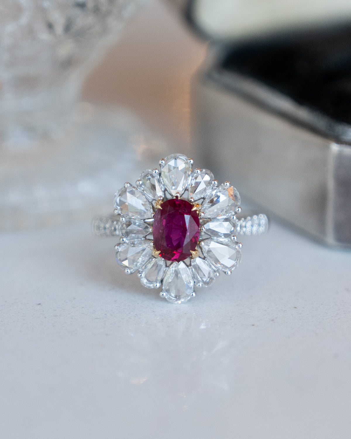 1.05 Ruby & Diamond Flower Cocktail Ring Platinum