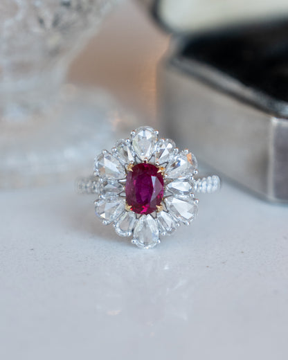 1.05 Ruby & Diamond Flower Cocktail Ring Platinum