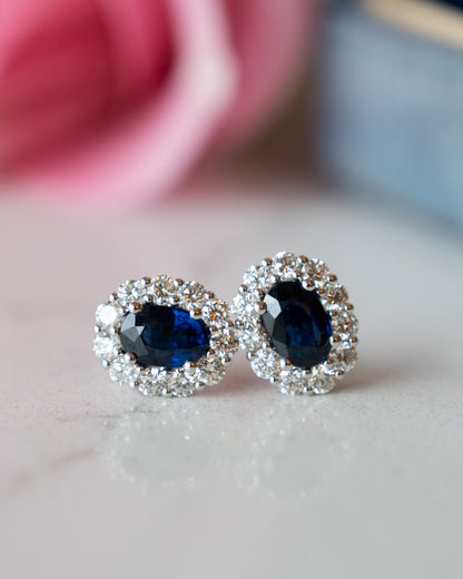 1.34 Oval Sapphire & Diamond Stud Earrings 14k White Gold