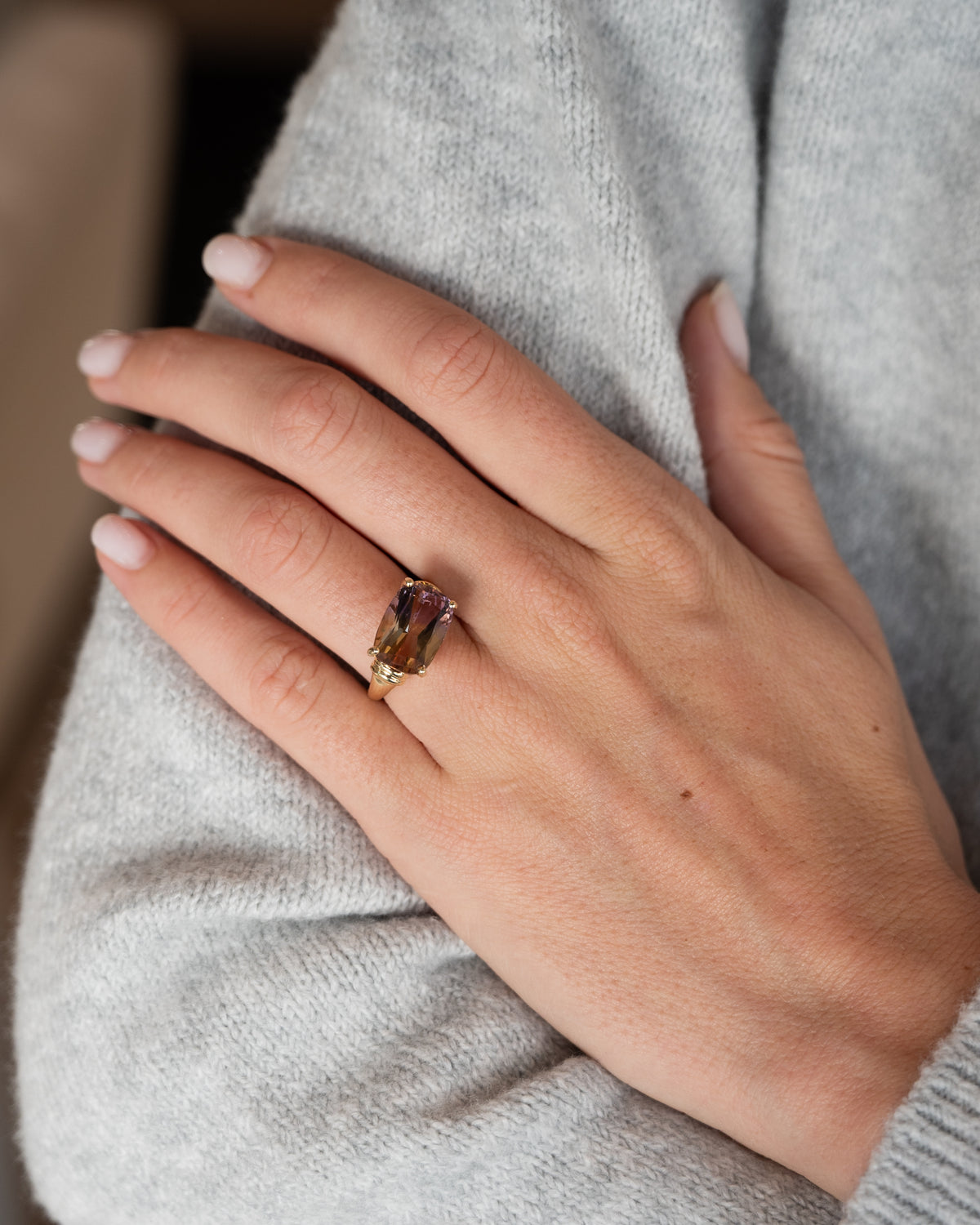 5.94 Cushion Ametrine Cocktail Ring 14k Yellow Gold
