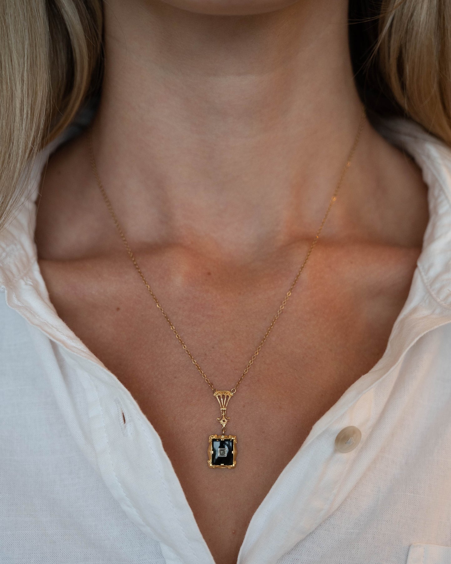 19" Vintage Retro Diamond & Onyx Pendant Necklace 10k
