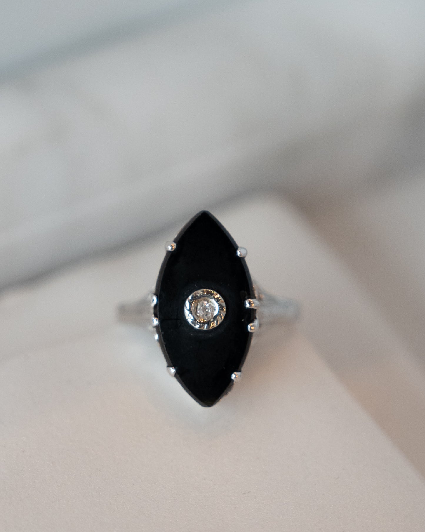 Antique Art Deco Onyx & Diamond Cocktail Ring 14k