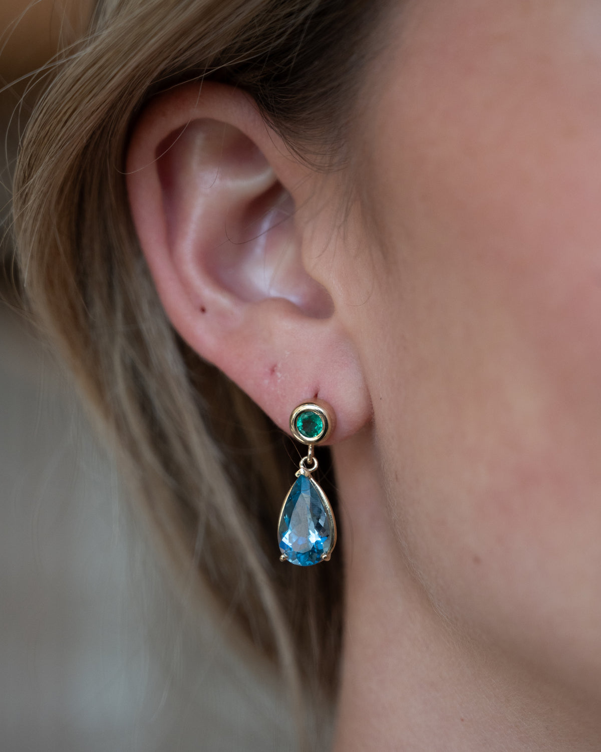 5.85 Pear Aquamarine & Emerald Drop Earrings 14k