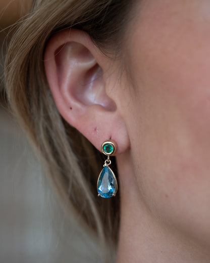 5.85 Pear Aquamarine & Emerald Drop Earrings 14k