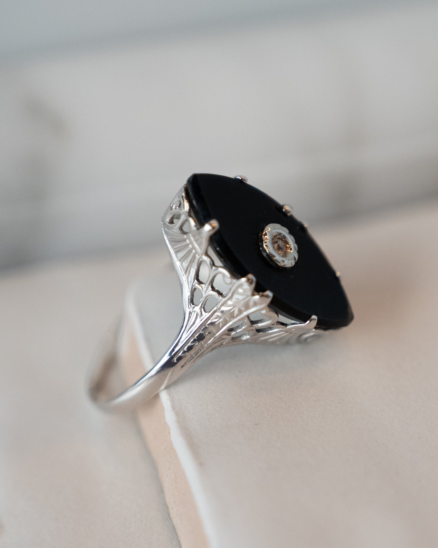 Antique Art Deco Onyx & Diamond Cocktail Ring 14k