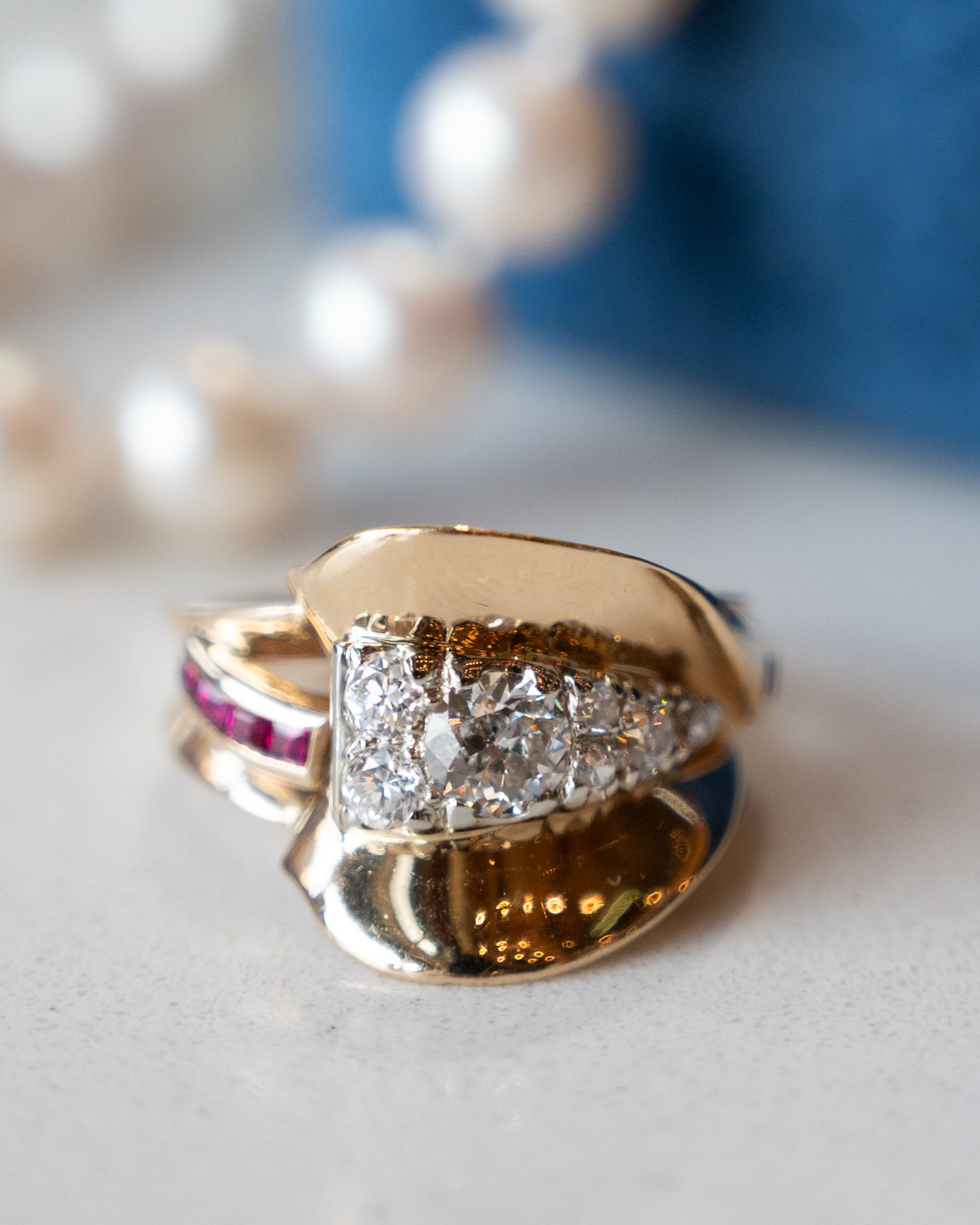 .64 Vintage Retro Diamond & Ruby Cocktail Ring 14k