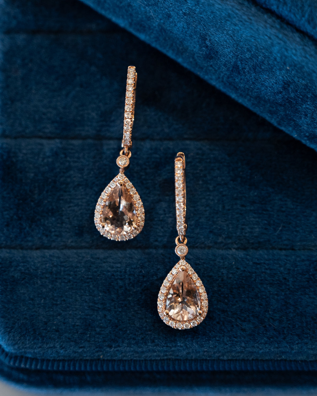 Pear Cut Morganite & Diamond Drop Earrings 14K Rose Gold