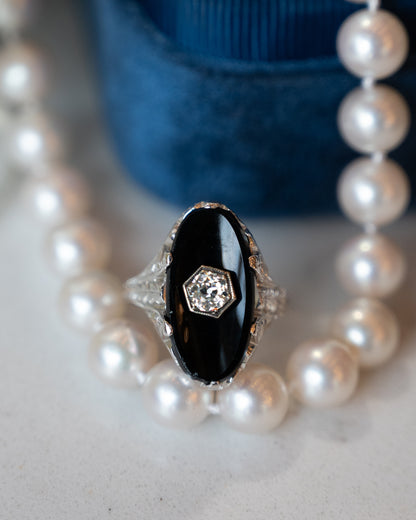 .25 Art Deco Diamond & Onyx Cocktail Ring 14k