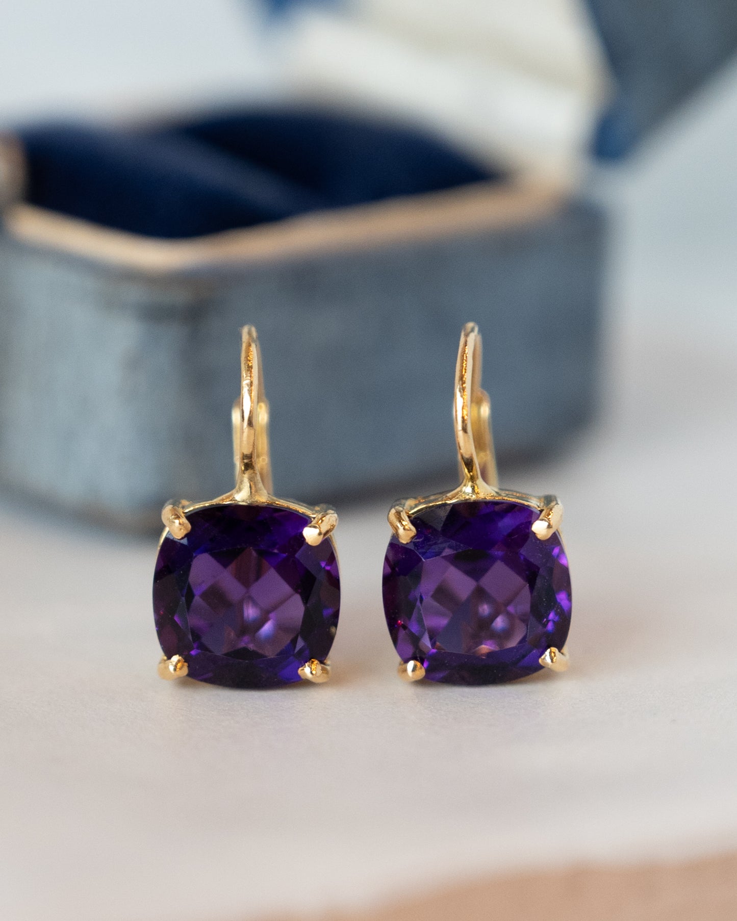 7.30 Cushion Amethyst Drop Earrings 18k Yellow Gold