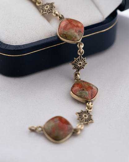 Vintage Mid-Century Unakite Bracelet 14k Yellow Gold
