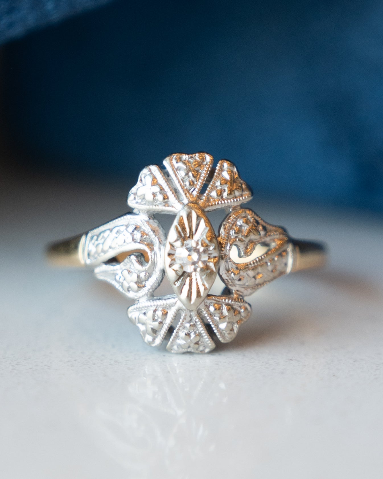 Vintage Retro Diamond Navette Ring 14k Two-Tone Gold