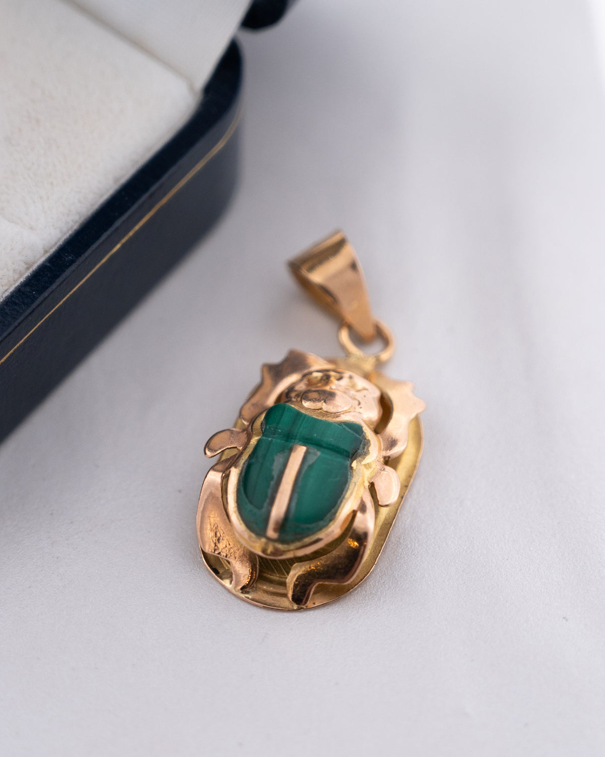 Cabochon Cut Malachite Scarab Pendant 14k Yellow Gold