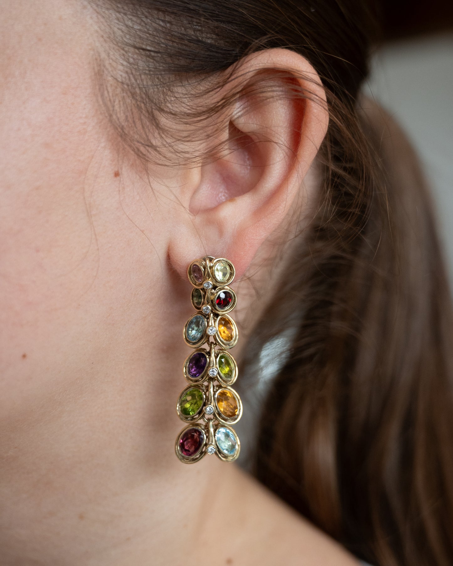 Multi-Gemstone & Diamond Drop Earrings 14k Yellow Gold