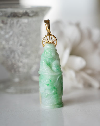 Carved Jadeite Buddha Pendant 14k Yellow Gold