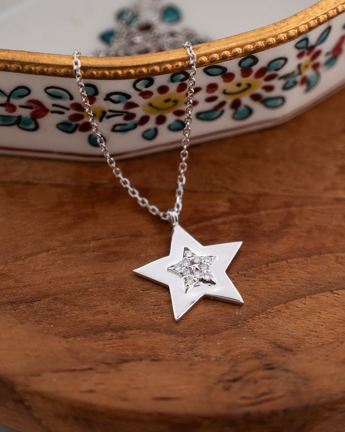 .06 Diamond Star Pendant Necklace 14k White Gold