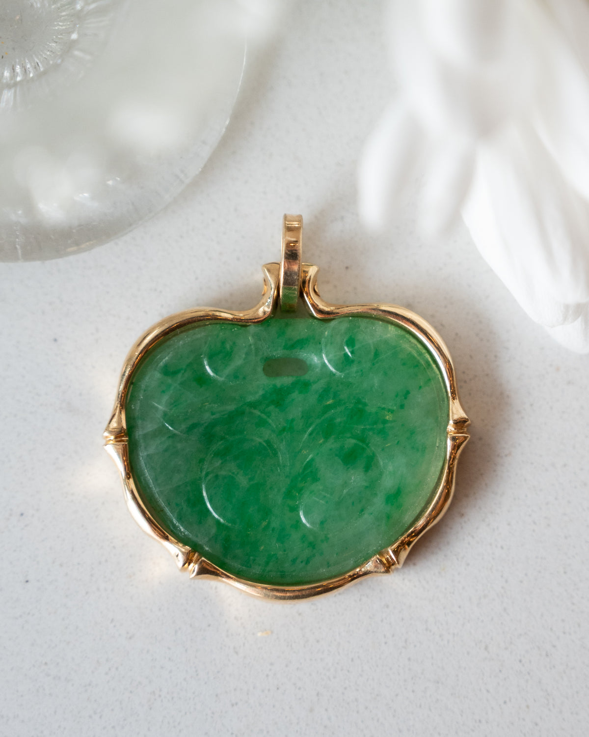 Carved Jadeite Apple Pendant 14k Yellow Gold