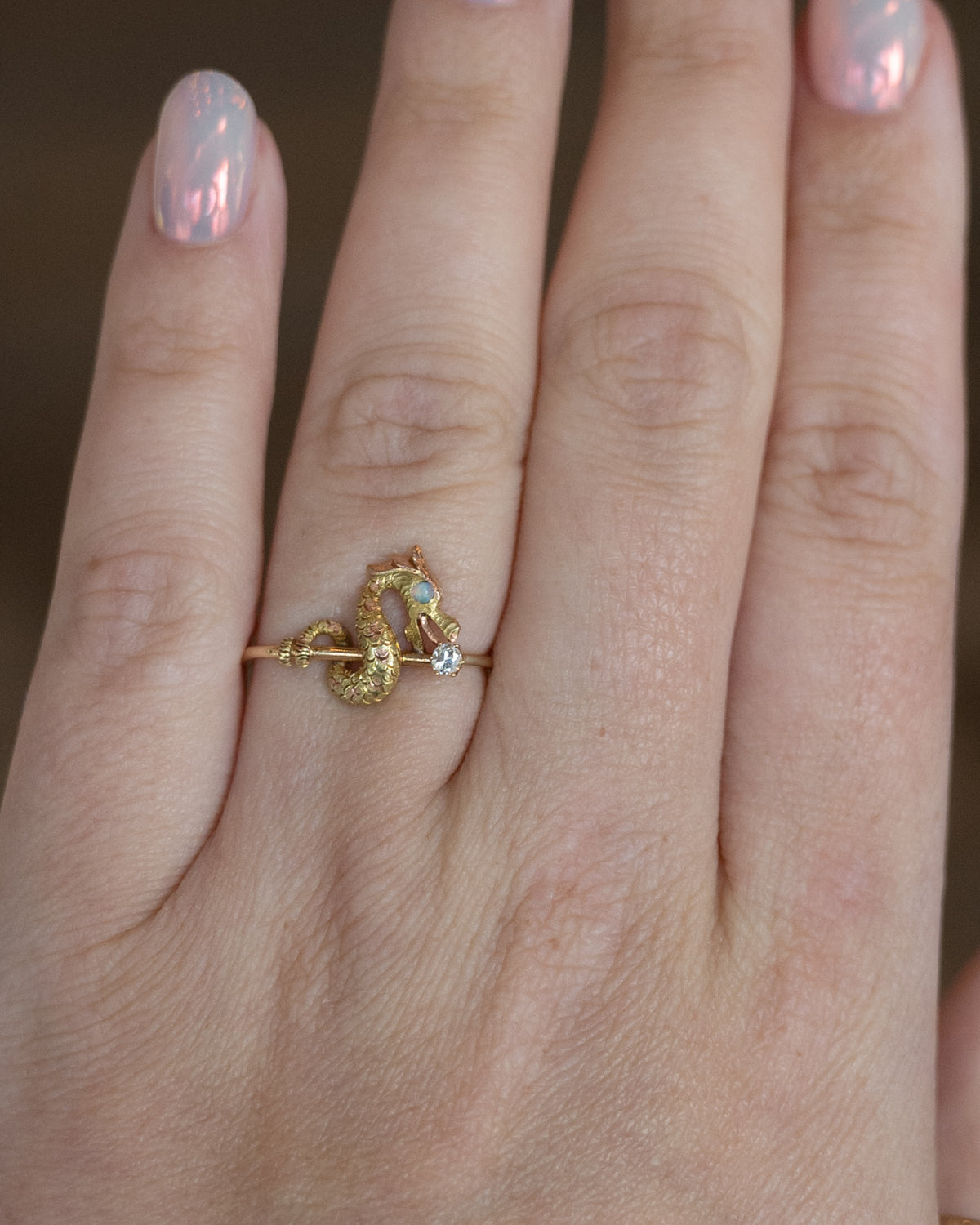 .06 Vintage Victorian Diamond & Opal Dragon Ring 14k