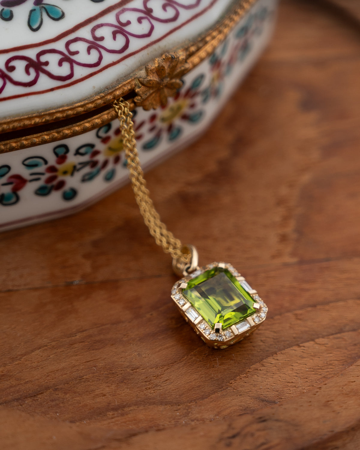 3.33 Emerald Cut Peridot & Diamond Pendant 14k Yellow Gold