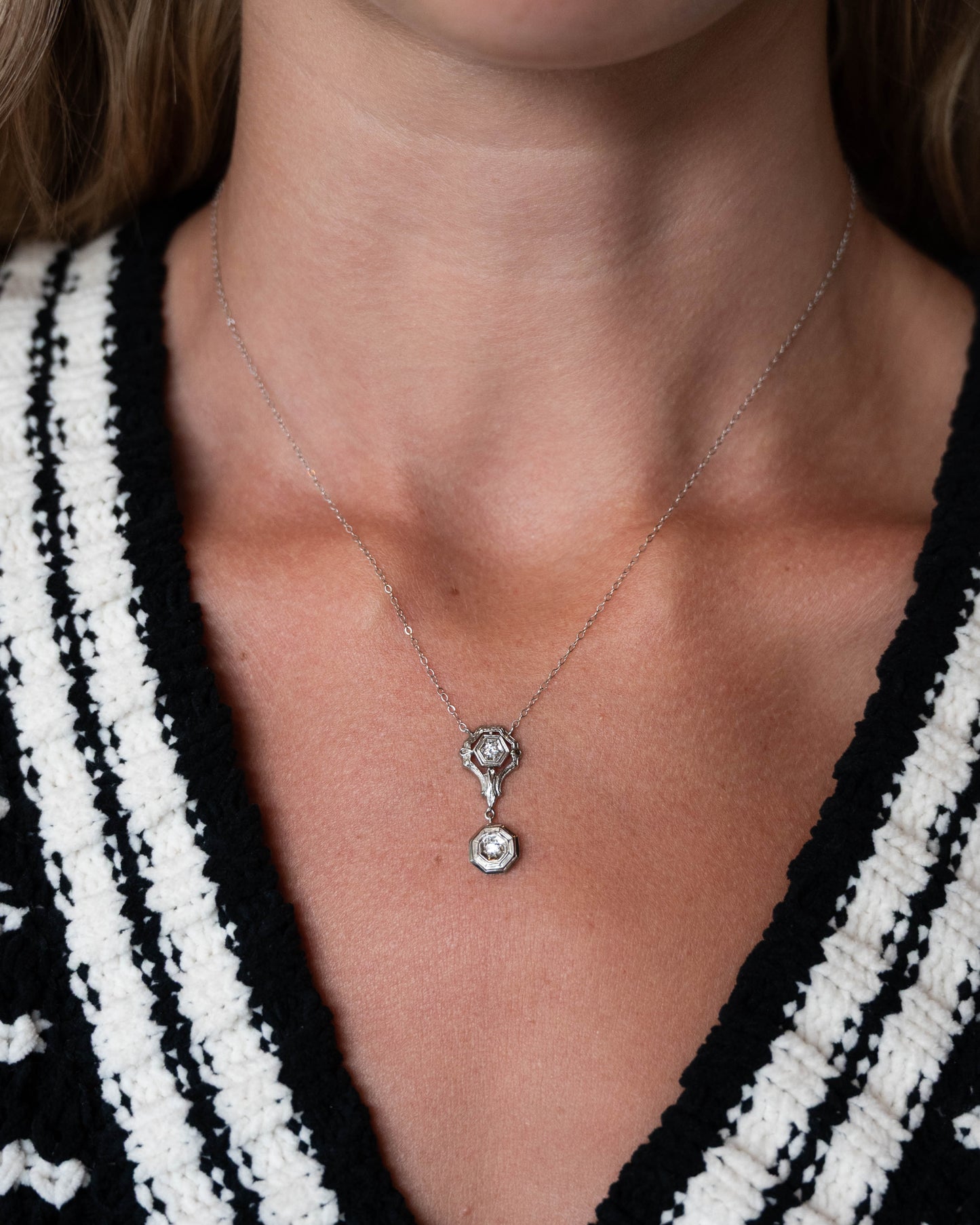 .12 Antique Art Deco Diamond Pendant Necklace 18k & 14k White Gold