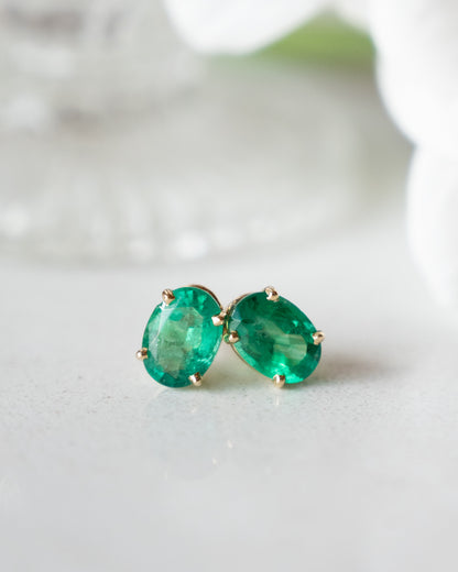 1.36 Oval Emerald Stud Earrings 14k Yellow Gold