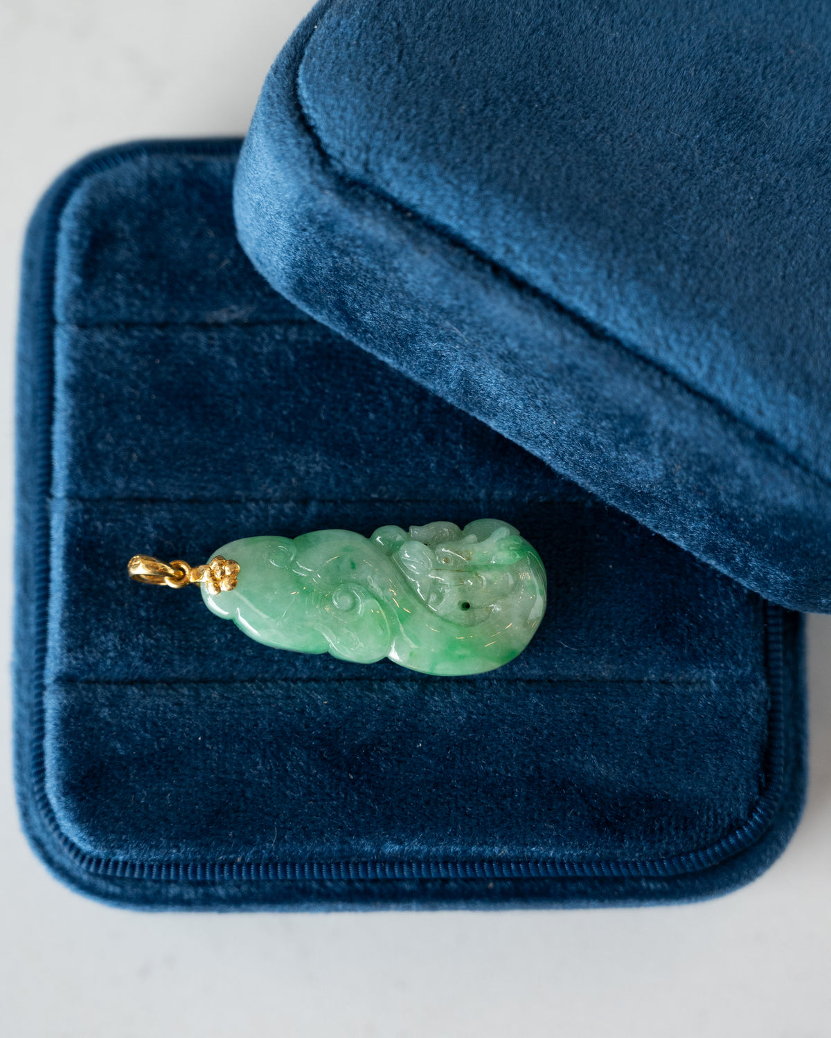 Carved Jadeite Dragon Pendant 18k Yellow Gold