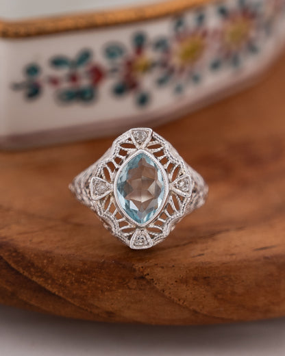 1.01 Antique Art Deco Aquamarine & Diamond Cocktail Ring 14k