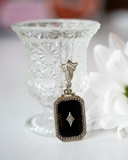 .03 Art Deco Diamond & Onyx Pendant 14k White Gold