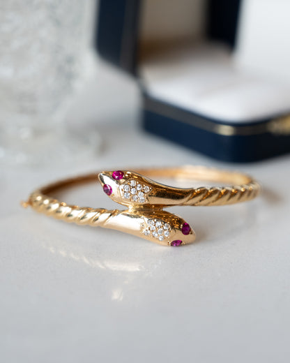 Ruby & Diamond Snake Bangle Bracelet 18k Yellow Gold
