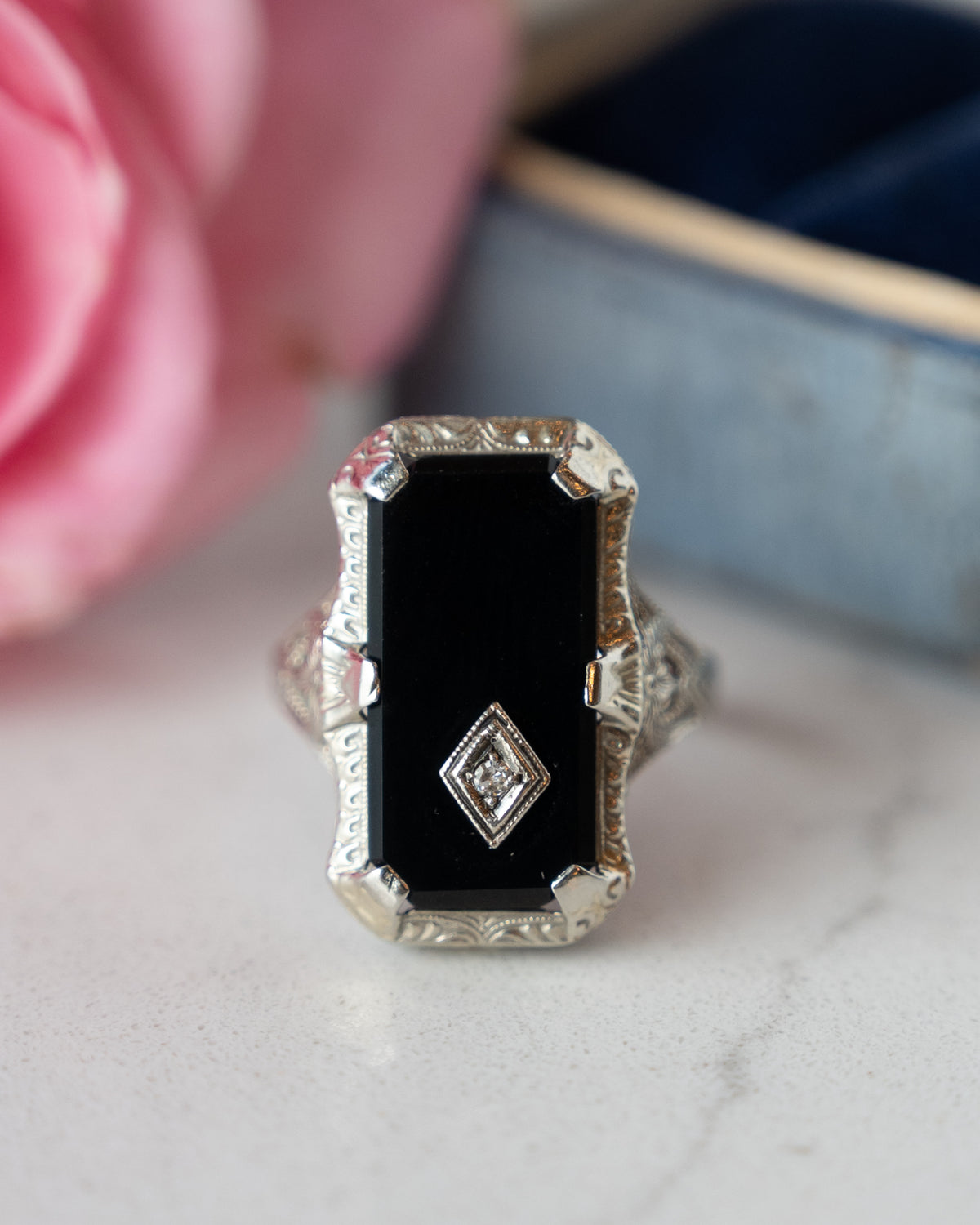 Antique Art Deco Onyx & Diamond Cocktail Ring 10k White Gold