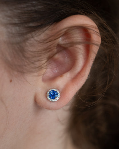 1.60 Blue Sapphire & Diamond Halo Stud Earrings 14k White Gold
