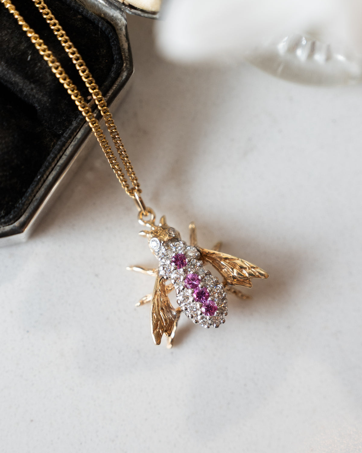 Diamond & Pink Sapphire Bee Pendant Necklace 14k