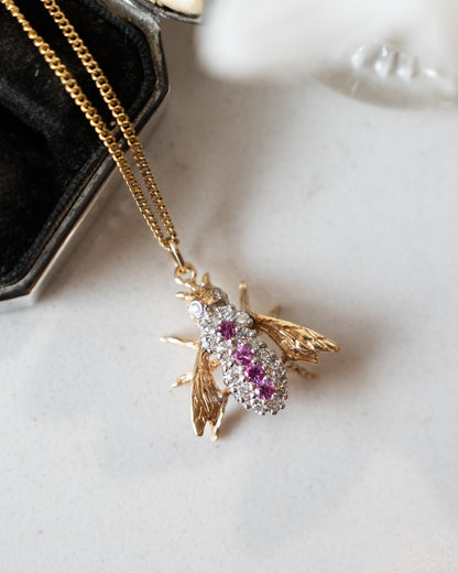 Diamond & Pink Sapphire Bee Pendant Necklace 14k