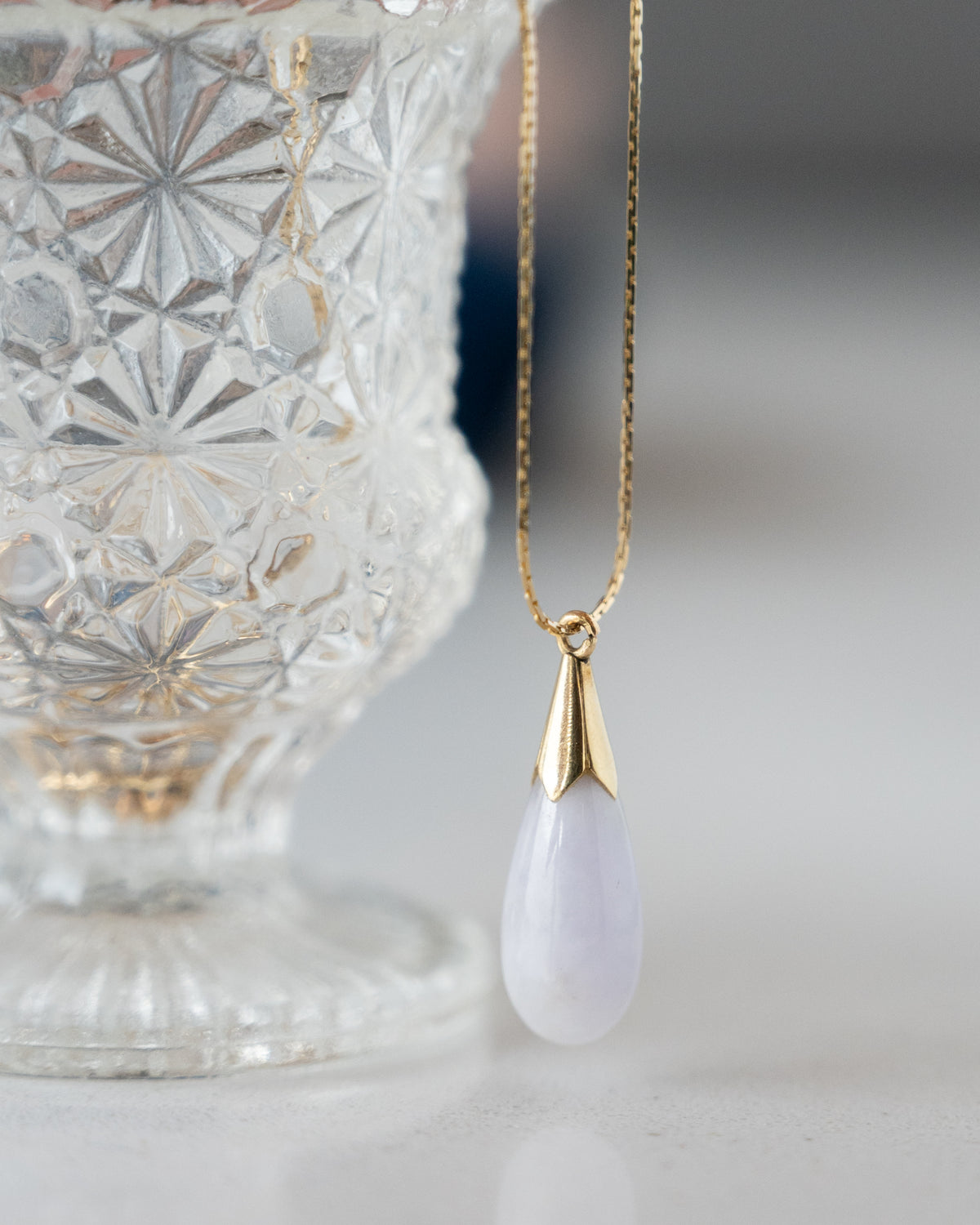 Lavender Jadeite Drop Pendant Necklace 14k Yellow Gold