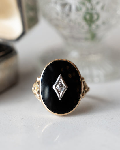Vintage Retro Onyx & Diamond Cocktail Ring 14k