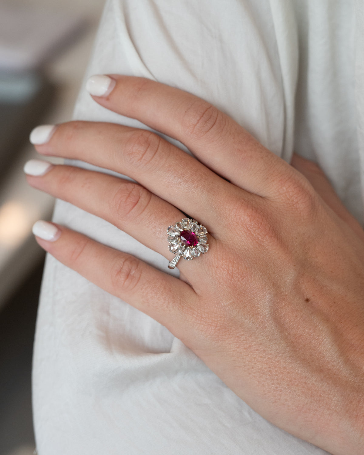 1.05 Ruby & Diamond Flower Cocktail Ring Platinum