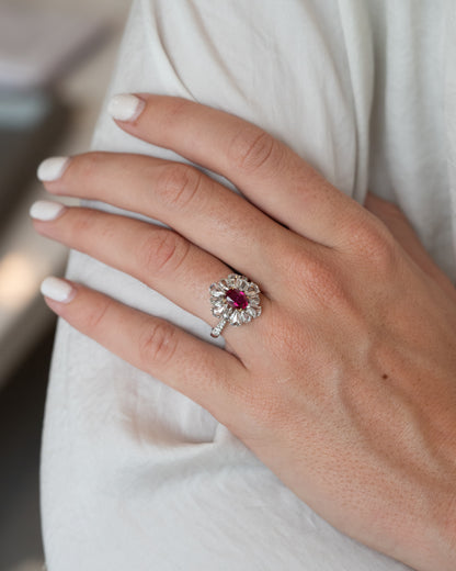 1.05 Ruby & Diamond Flower Cocktail Ring Platinum