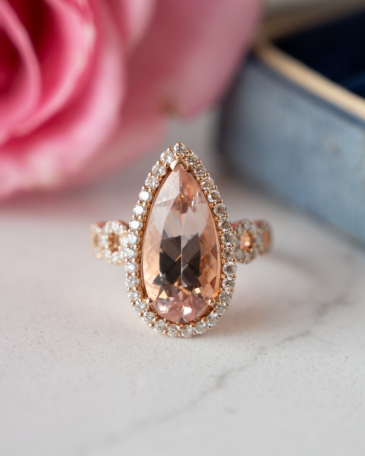 4.10 Morganite Pear Cocktail Ring 18k Rose Gold