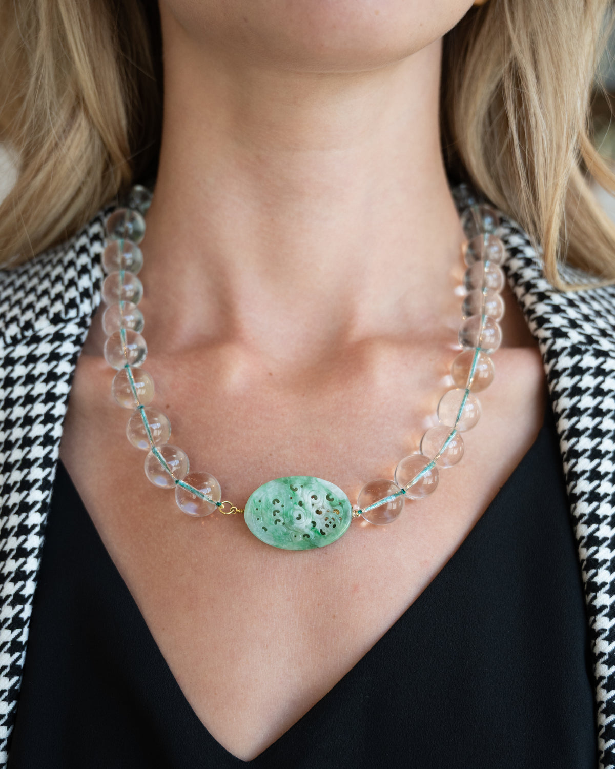 Jadeite & Quartz Beaded Necklace 18k Yellow Gold