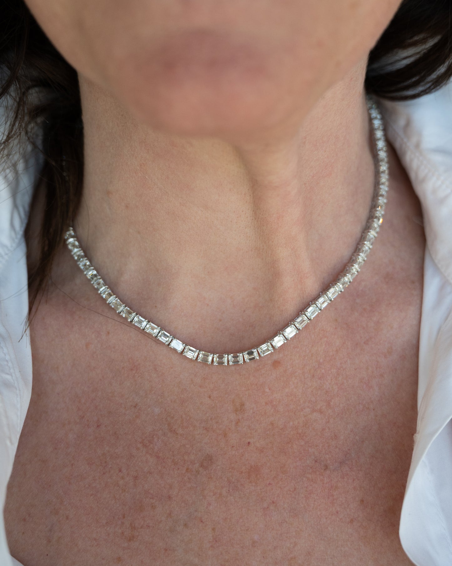 24.19 Emerald Cut Diamond Tennis Necklace 18k White Gold